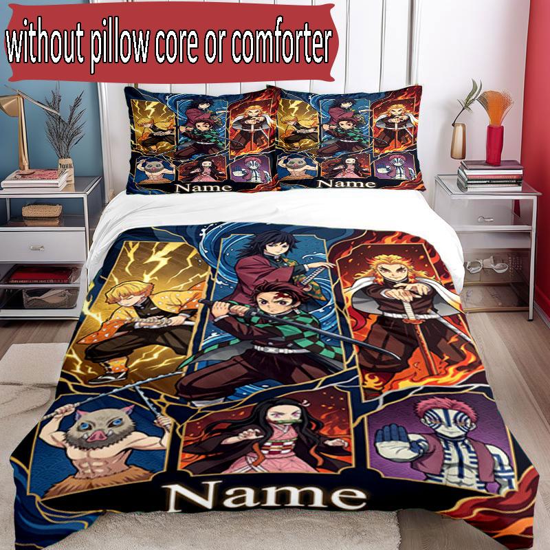 3pcs Duvet Cover Set (1*Duvet Cover + 2*Pillowcase, Without Core), Custom Name Demon Slayer Pattern Bedding Set, Home Bedroom Decor Gift