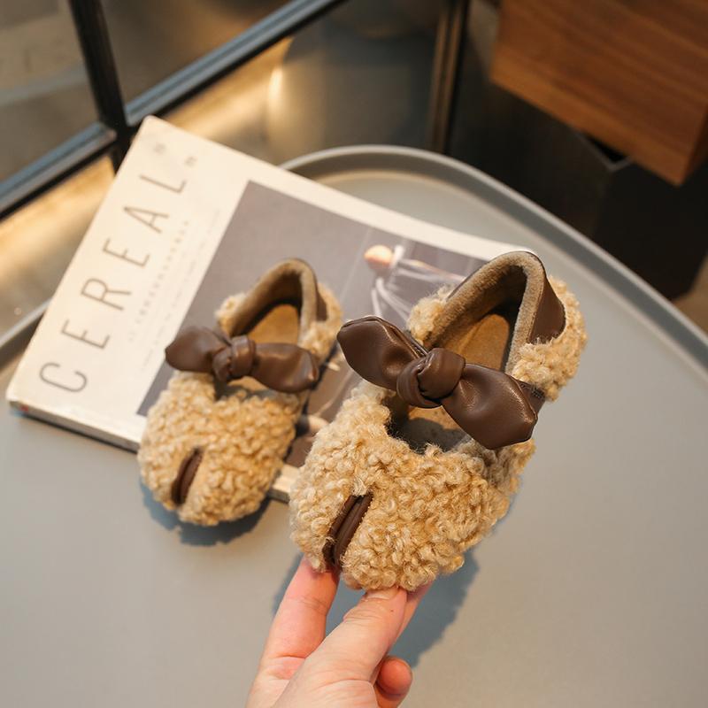 Зимняя детская обувь с мягкой подошвой для девочек, хлопковая обувь, модная детская обувь с бантом, простая плюшевая обувь на плоской подошве, повседневная, теплая, с липучкой