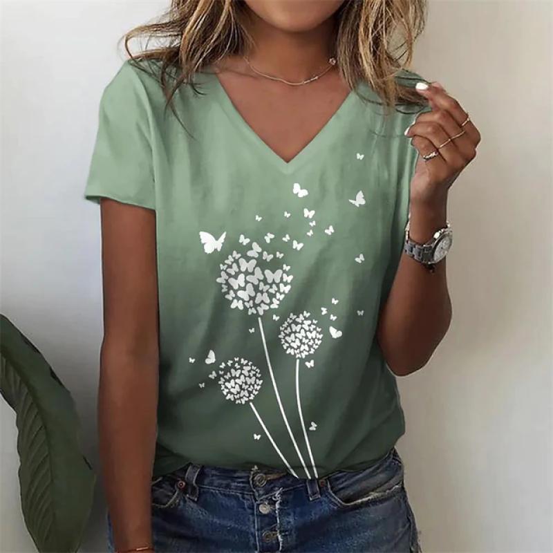 Fashion Women'S T-Shirt 3d Flowers Print Clothing V-Neck Short Sleeve Tops Summer Harajuku Ladies Pullover Oversized Female Tees