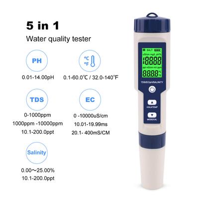 5-в-1 Цифровой тестер-монитор качества воды TDS/EC/pH/солености/температуры для бассейна, питьевой воды, аквариума