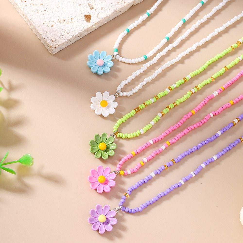 5Pcs Colorful Bead Choker Resin Plumeria Necklace Fashion Flower Beaded Necklace Daily Wear
