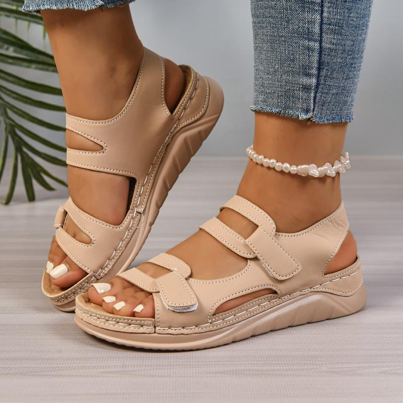 Повседневные сандалии на липучке с вырезами телесного цвета Женские 2025 Лето Круглый носок Клиновидный каблук Сандалии Удобная мягкая подошва Нескользящие Туфли для мамы