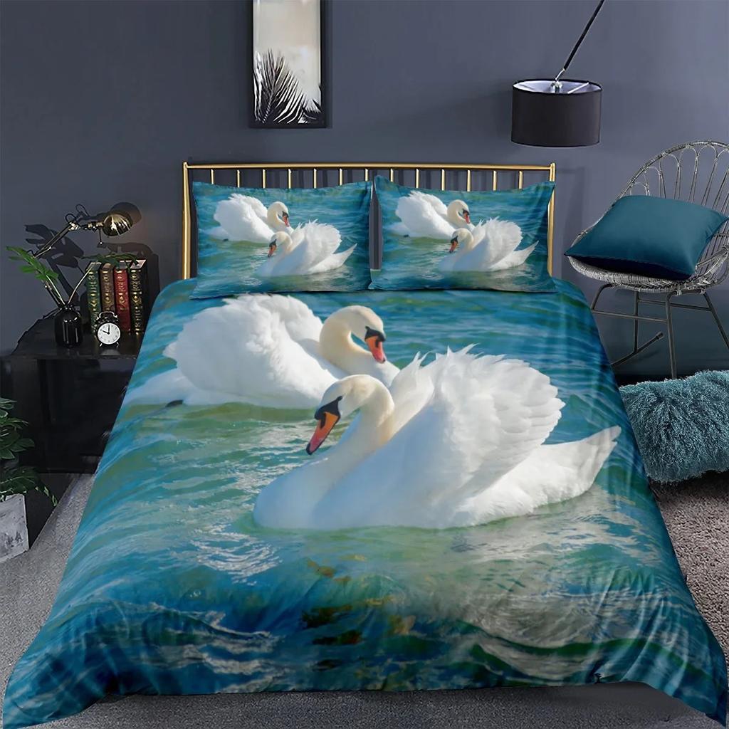Elegant Swan Print Duvet Cover Set, US King Size, High Quality Super Soft Microfiber Bed Linen