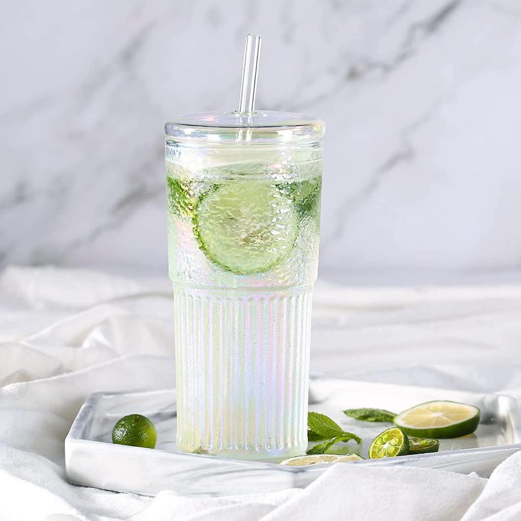 Стеклянные чашки с крышками и стеклянными трубочками, 500 мл, стакан из боросиликатного стекла, стакан со льдом, кофе, вода, смузи