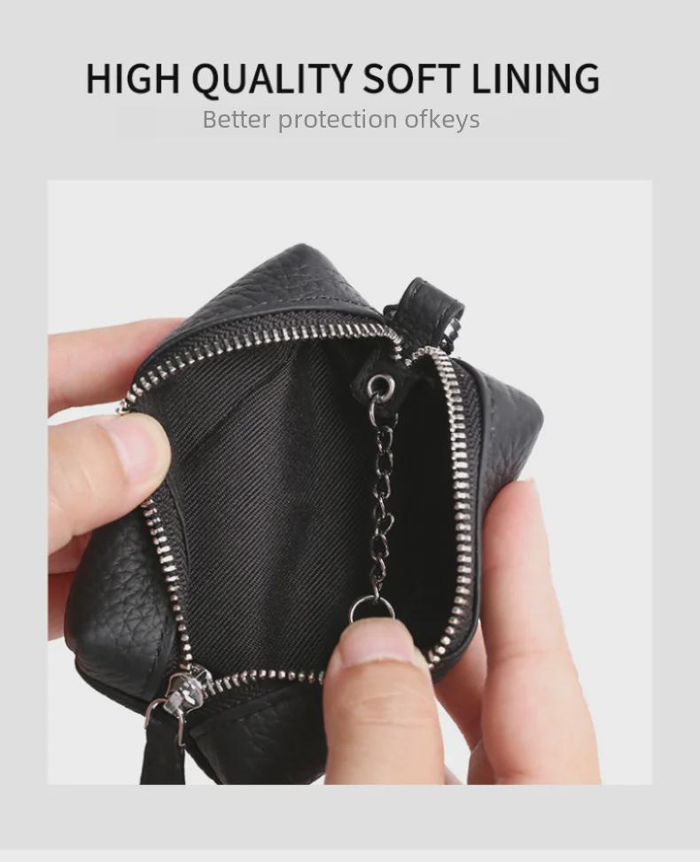 Men's Genuine Leather Car Key Bag with Zipper - Top Layer Cowhide Key Cover and Household Keychain