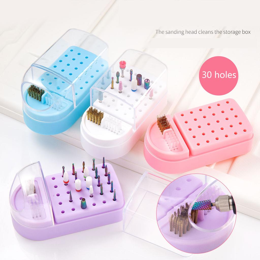 2 In 1 Nail Drill Bits Holder Nail Drill Bits Cleaning Brush Case 30 Holes Nail Art Drill Bits Stand Display Storage Box