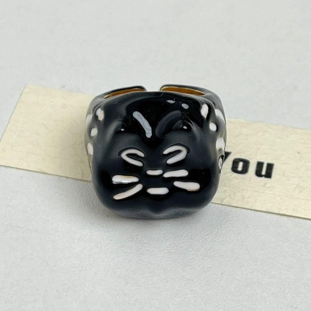 Korean Style Painting Ring Geometric Chunky Enamel Ring Fashion Design Drip Oil Cat Ring Gift