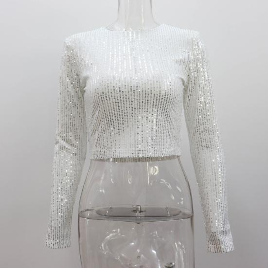 Женские укороченные топы с круглым вырезом и длинным рукавом, украшенные пайетками, футболка свободного кроя