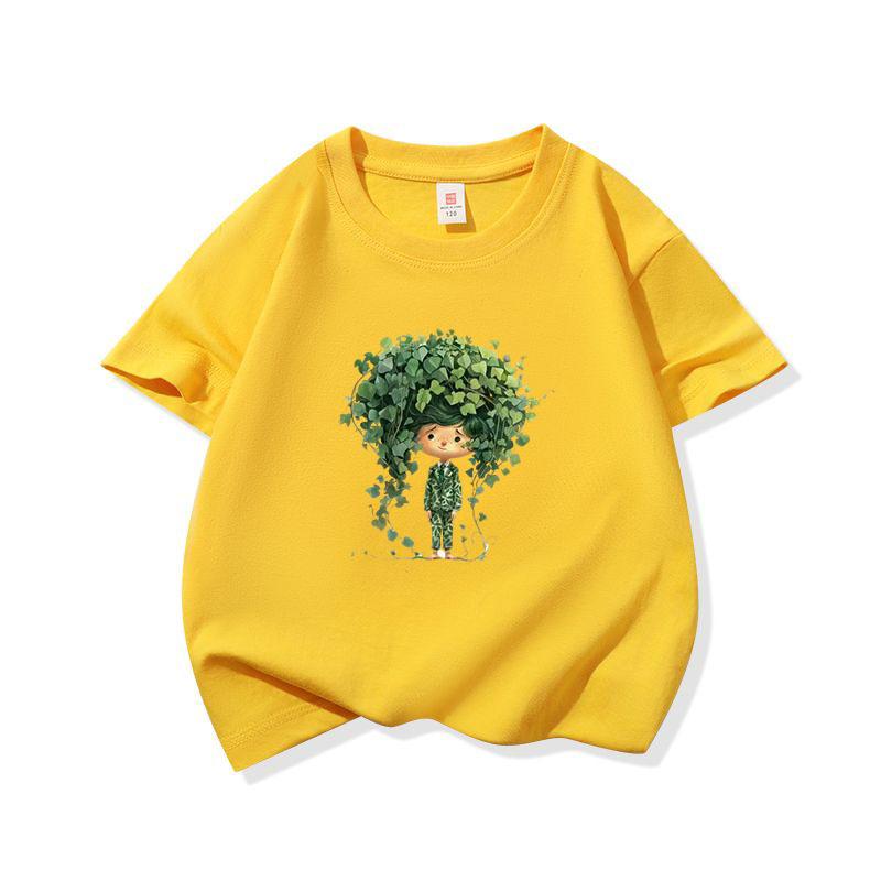 Kids Cotton T Shirt Green Ivy Boy Print Crew Neck Short Sleeve Tee Casual Breathable Boys Girls Summer Tops