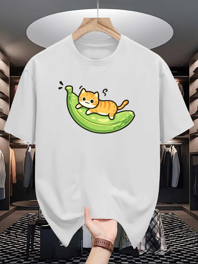 Unisex Crew Neck Tee Lovely Cat On Banana Cartoon Graphic Print Soft Cotton Loose Short Sleeve Summer Casual Male Streetwear Tops