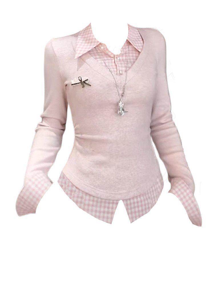 Женская рубашка в клетку с пэчворком, больших размеров, в корейском стиле, с длинным рукавом - Осенний приталенный топ, стройнящий