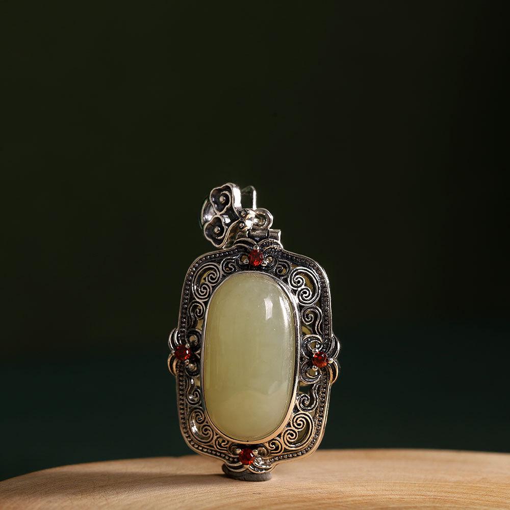 Набор из 12 винтажных этнических подвесок из серебра S925 и нефрита Хетиан с дизайном «Благоприятное облако» и коробкой Га'у