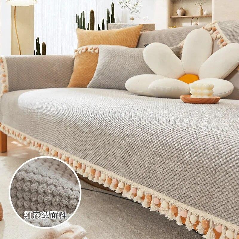 Solid Tassel Ball Sofa Cushion Four Seasons Universal Winter Thicken Chenille Anti Slip Modern Cushion