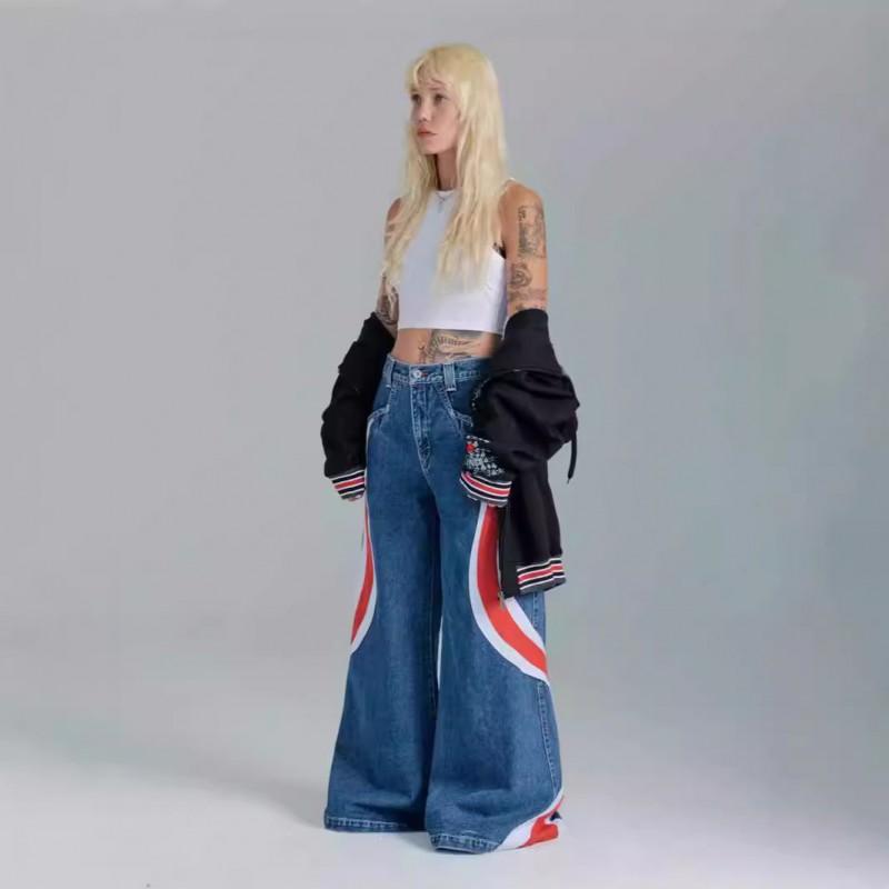 Womens High-Waisted Wide-Leg Denim Pants Streetwear Cropped Patchwork Contrast Color Loose Straight Fit