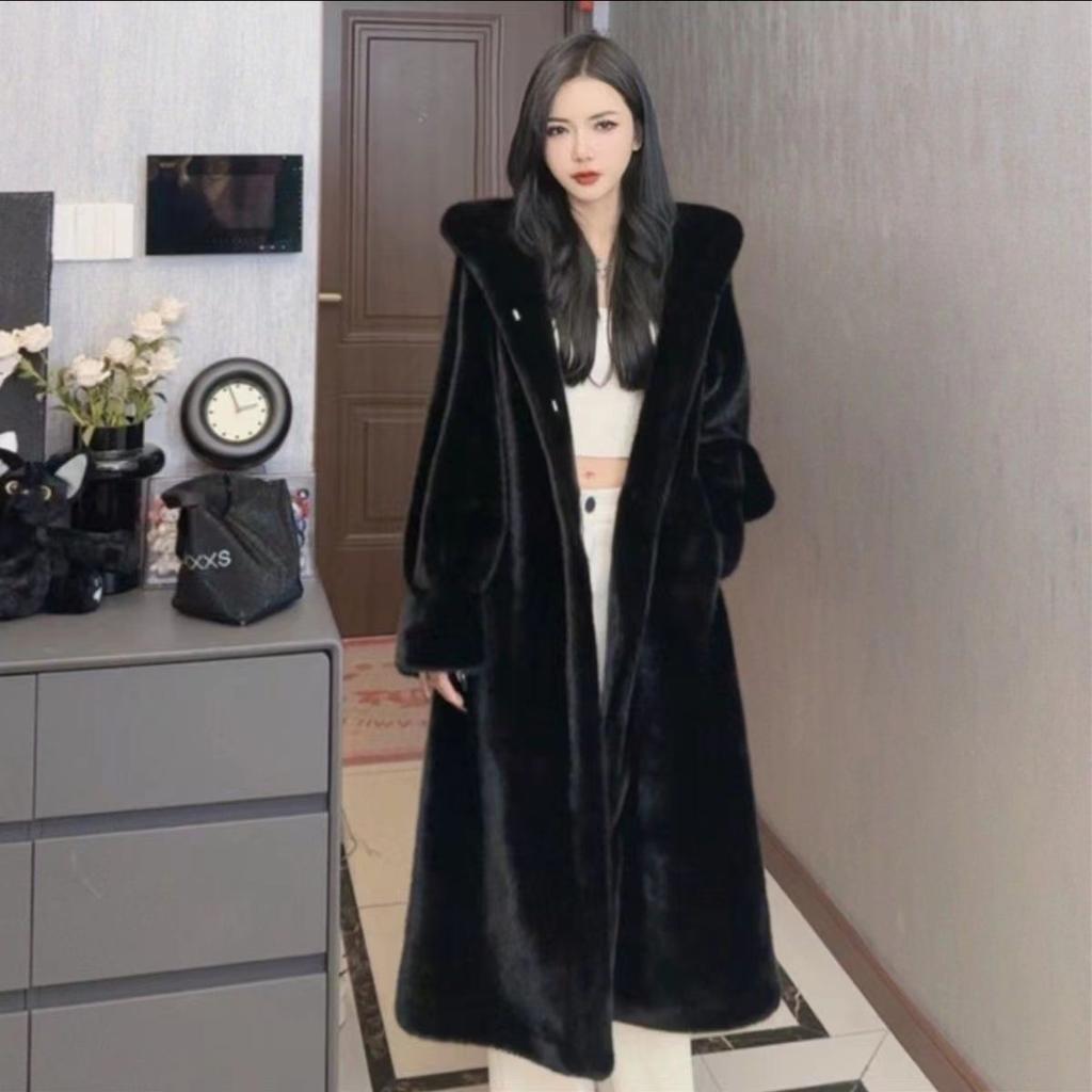 Hooded Plus Long Over the Knee Winter New Imitation Fur Mink Coat with Cotton Thickened Fur Coat