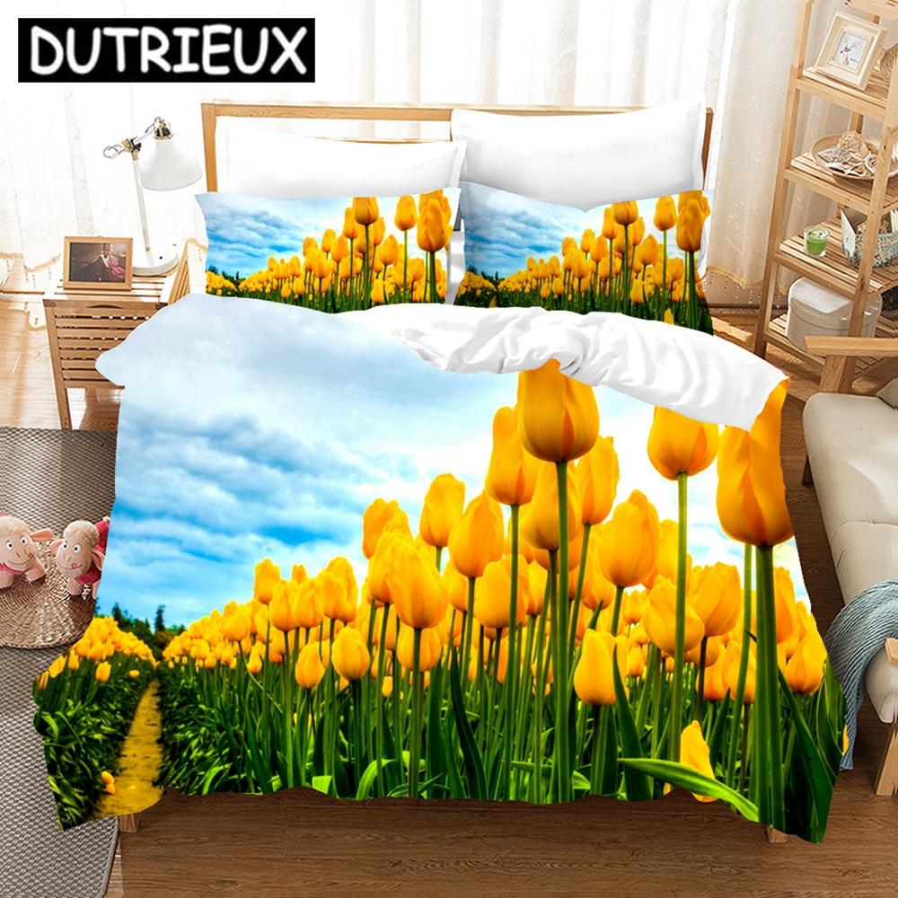 Комплект постельного белья Pink Tulip, элегантный цветочный пейзаж, 3D пододеяльник, наволочки, постельное белье, двуспальная кровать, двуспальная кровать, односпальная кровать, комплект постельного белья