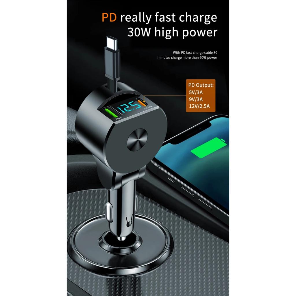 75W 3 In 1 Car Fast Car Phone Charger with Retractable Cable USB Type C Cable Adapter for IPhone Samsung Xiaomi Quick Charger3.0