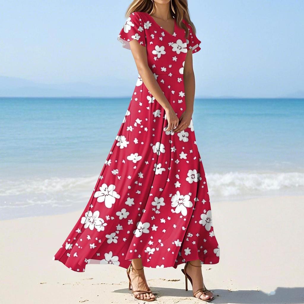 Женские летние повседневные модные платья с принтом и короткими рукавами и V-образным вырезом