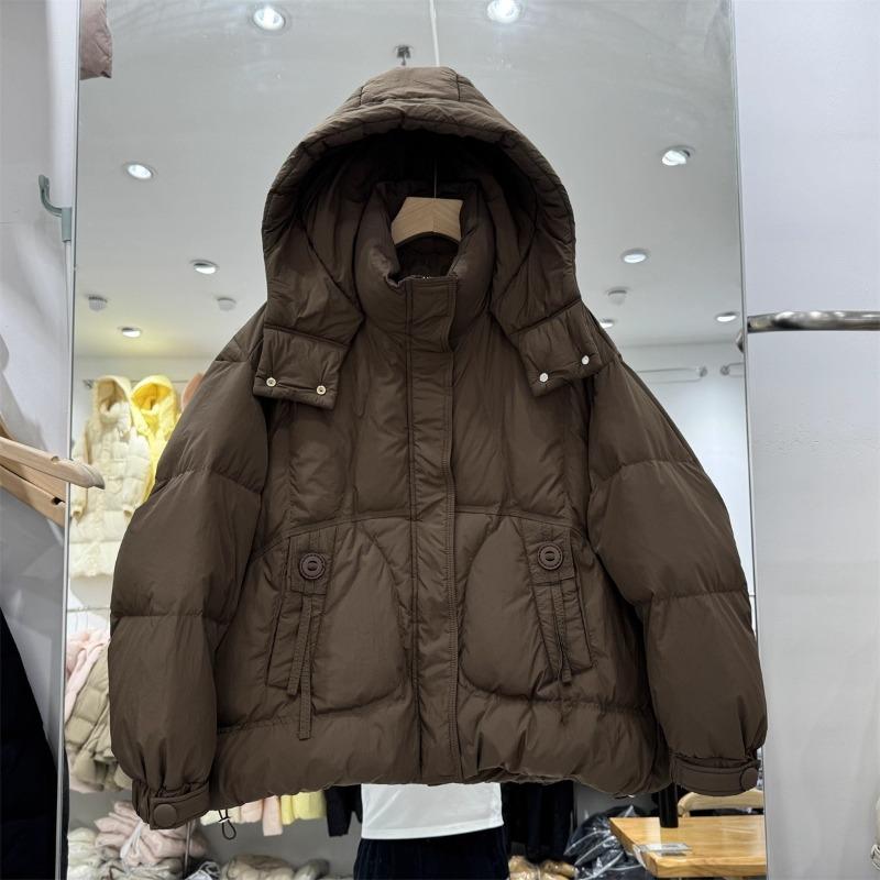 Модная белая пуховая куртка с капюшоном и круглой пряжкой, женская короткая зимняя, новая, свободная, теплая, белая, из утиного пуха.
