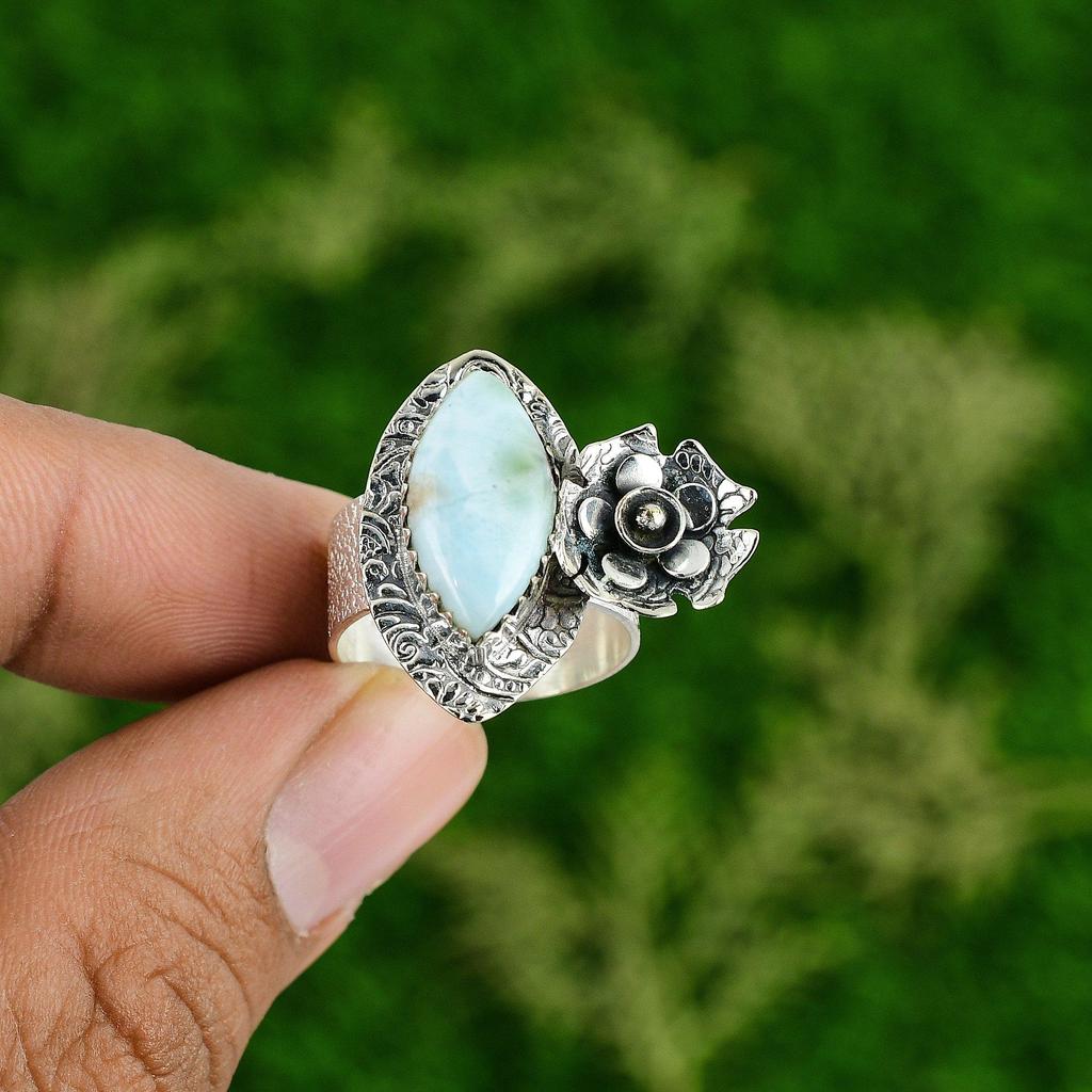 Свадебный подарок для нее Серебро 925 пробы Натуральный ларимар Кольцо-цветок с несколькими камнями Размер 8