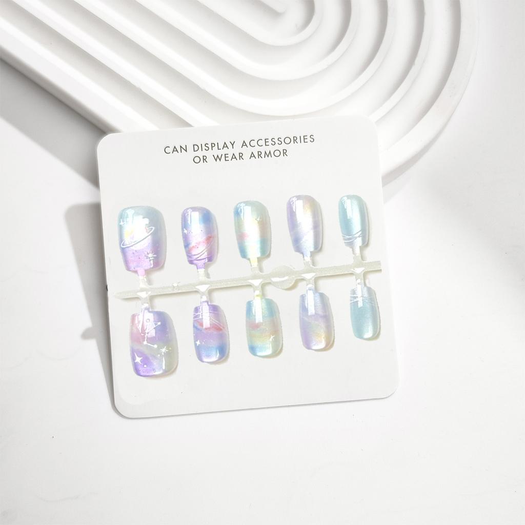 10Pcs Summer Handmade Short Press On Nails Dreamy Colorful Planet Universe Theme Cute False Nail Tips For Girls
