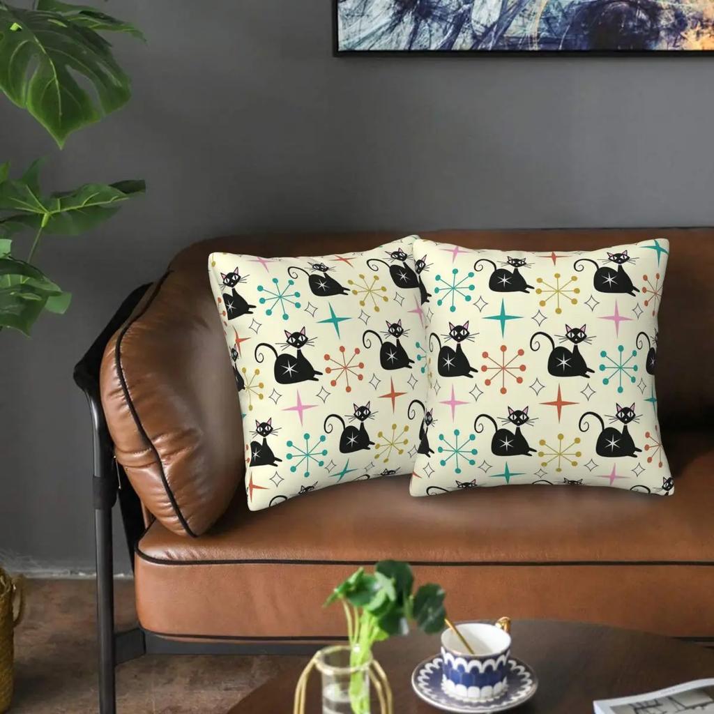 Mid Century Black Atomic Cat With Starbursts 2 Pcs Square Pillowcase Pillow Cover Cushion Comfort Throw Pillow For Living Room