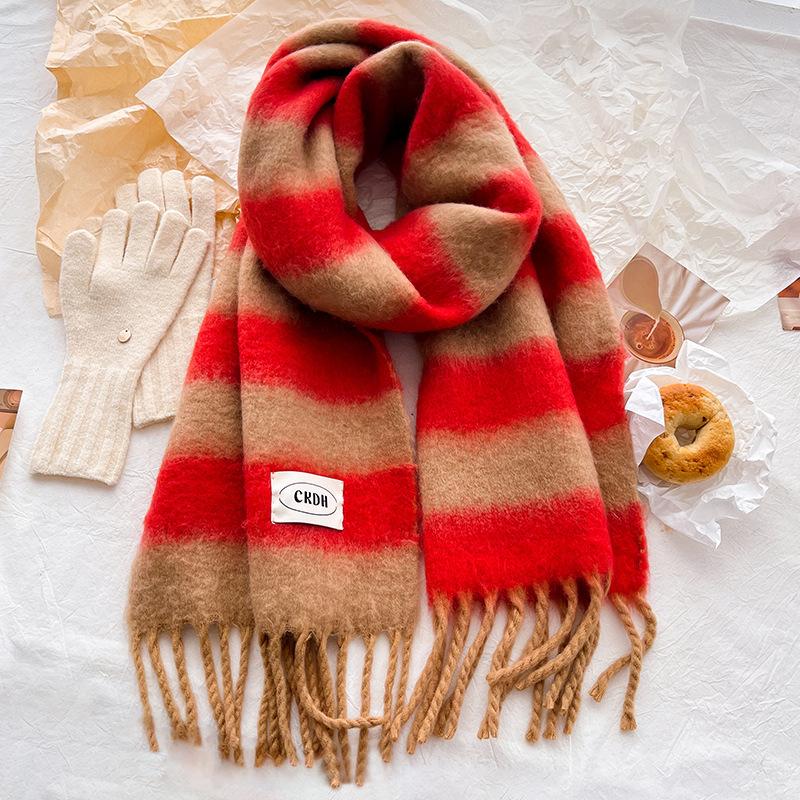 Retro Wool Scarf Women's Winter High-end Sense Versatile Striped Color Matching Warm Knitted Thickened Scarf