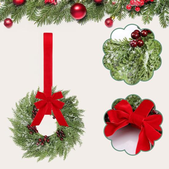 Yousheng Christmas Wreath for Windows 10 Inch Small Artificial Greenery Wreath with Berries And Red Bow for Winter Fireplace Home Decor
