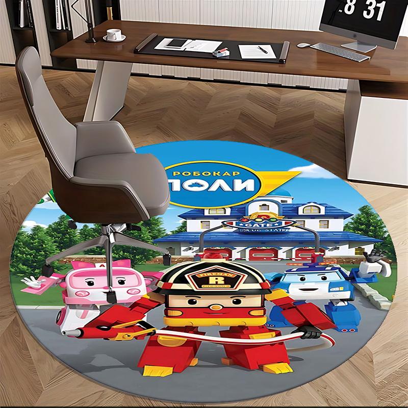 Robocar Poli,Rescue Station Chair mat Round Rug-Office carpet, Machine Washable, Non-slip, Suitable for Living Rooms, Bedrooms, Entryways, a
