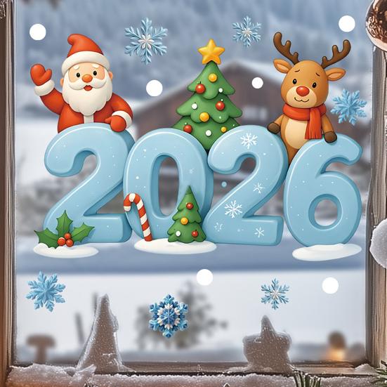 2026 Christmas Window Stickers Santa Claus Snowflake Reindeer Pattern Glass Xmas Decals Holiday Decor