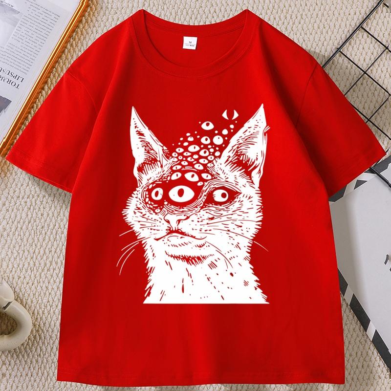 Weirdcore Cat T Shirt Harakuju Creepy Horror Goth Cat TShirt Gothic Dark Aesthetic Tshirt Casual Round Neck Cotton Tees Tops