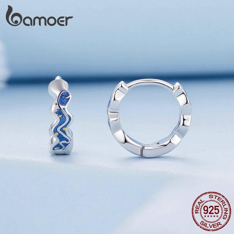 BAMOER стерлингового серебра 925 пробы, серьги-кольца с звездным небом Ван Гога, синяя эмаль, серьги-кольца для женщин, подарок на день рождения, ювелирные украшения