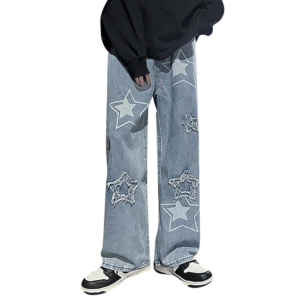 Men's Retro-style Jeans, Autumn Street Style, Furry Five-pointed Star Loose Wide-leg Pants