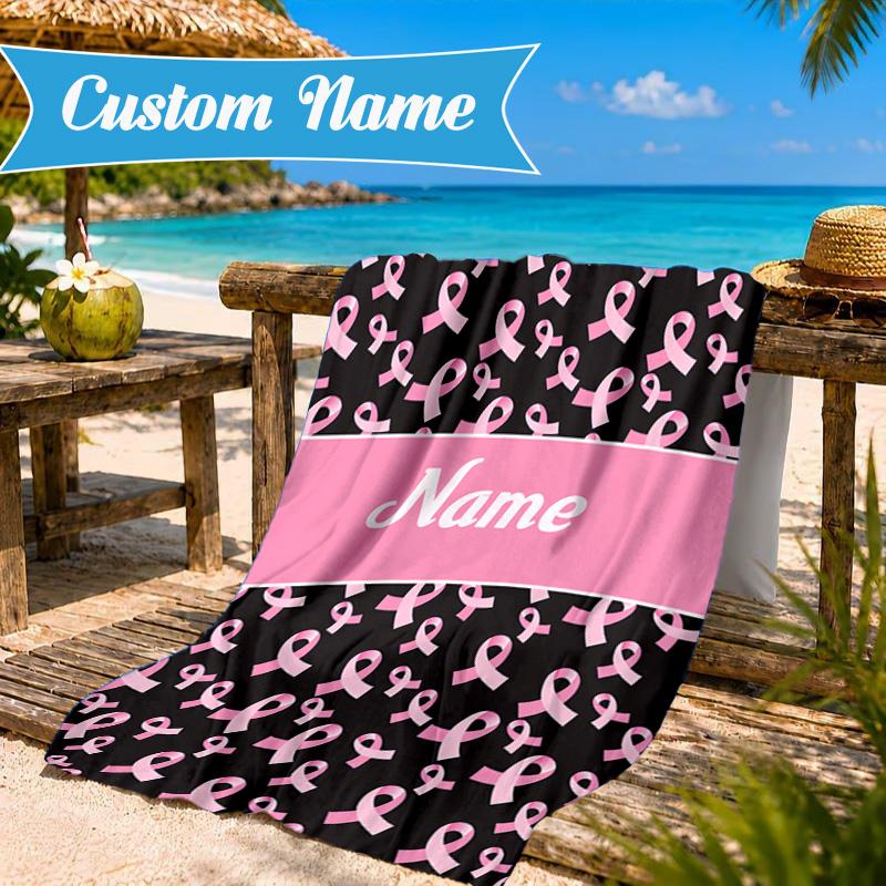 Custom Name Pink Ribbon Awareness Beach Towel Microfiber Beach Towel, Lightweight and Quick-Dry, for Summer Travel, Swimming Pool Gift