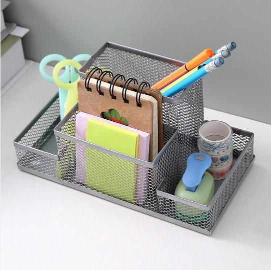 Black Mesh Desk Organizer with Pencil Holder And Storage Baskets 3 Compartments Office Supplies Caddy for Desktop Accessories
