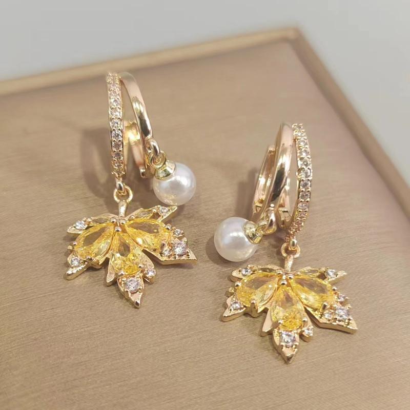 Женские серьги-подвески с желтым цирконием и кленовым листом, новинка 2023 года, модные ювелирные аксессуары для свадебной и помолвочной вечеринки