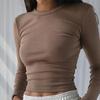 Узкая трикотажная футболка с круглым вырезом и длинными рукавами, женская сексуальная женская футболка в рубчик с обнаженным пупком