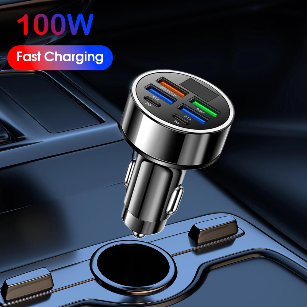 100W PD Car Charger With digital display Fast-charging 6-in-1 Car Cigarette Lighter Plug Car Charger Flash Charge Adapter