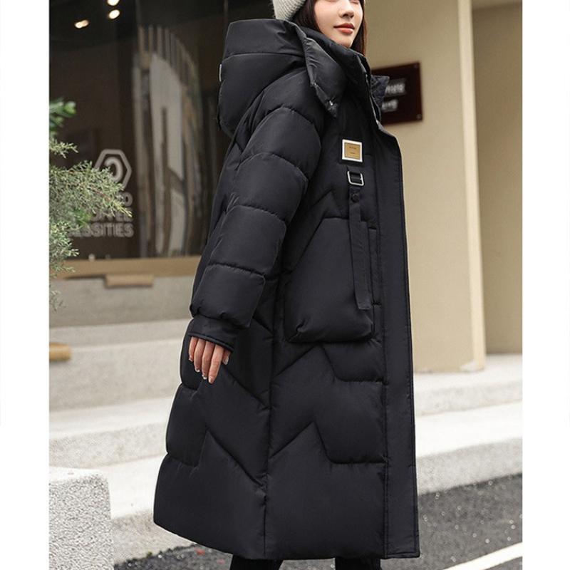 Winter Women Long Parka Coat Hooded Detachable Thicken Loose Zipper Pockets Warm Snow Wear Female Padded Jacket