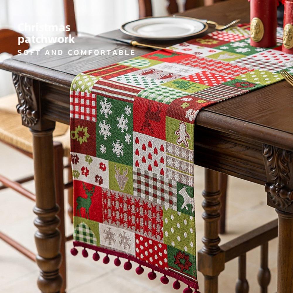 Christmas Red Table Runner Santa Claus Fringe Balls Western Dining Decor Long Cloth Sideboard Table Cover
