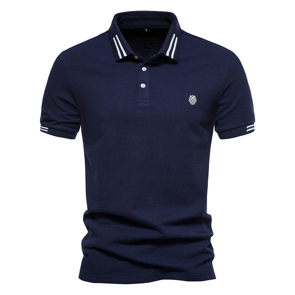 Summer New Lapel European Size Striped Decorative Cotton Polo Shirt Embroidered Casual Men'S Solid Color Short-Sleeved Top