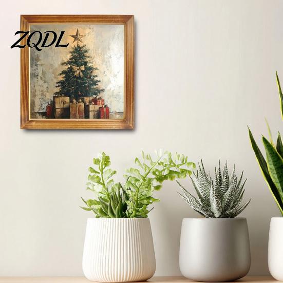 Rustic Wood Art Prints Double-Layer Wooden Framed Christmas Wall Art, Retro Santa Reindeer Picture Frame, Coffee Area Hangable Tabletop Xmas Decor for