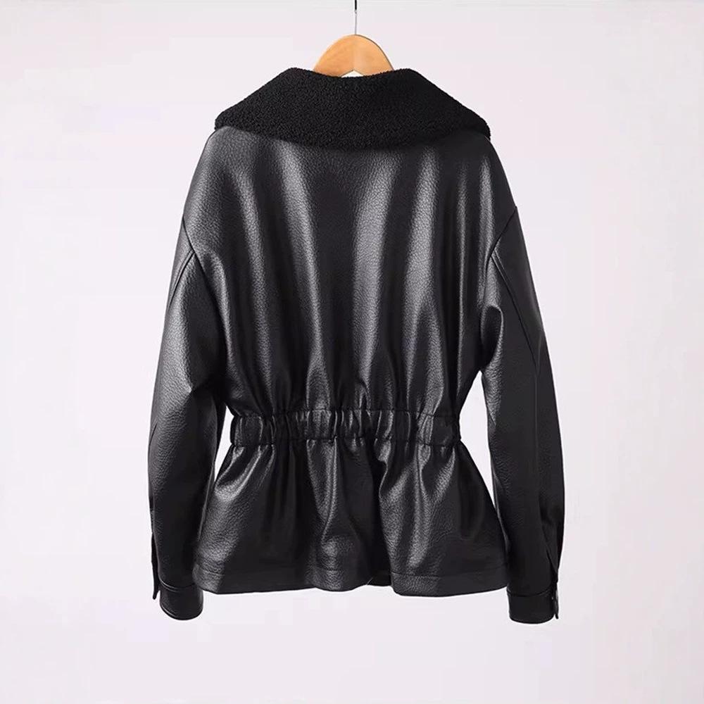 Autumn new fashion lapel design versatile lantern sleeves imitation leather jacket women