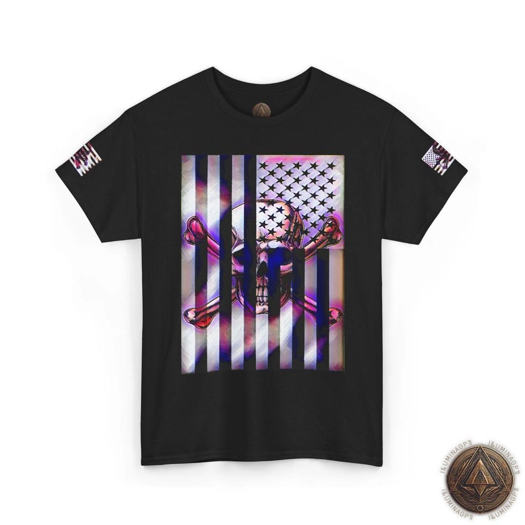 Patriotic Distressed USA Flag Skull & Crossbones T shirt - Amethyst