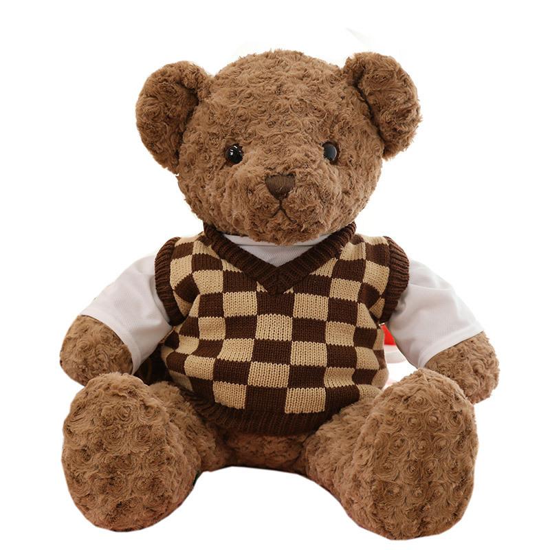 Checkered sweater teddy bear doll for girlfriend bear companion pillow home ornament children's holiday gift