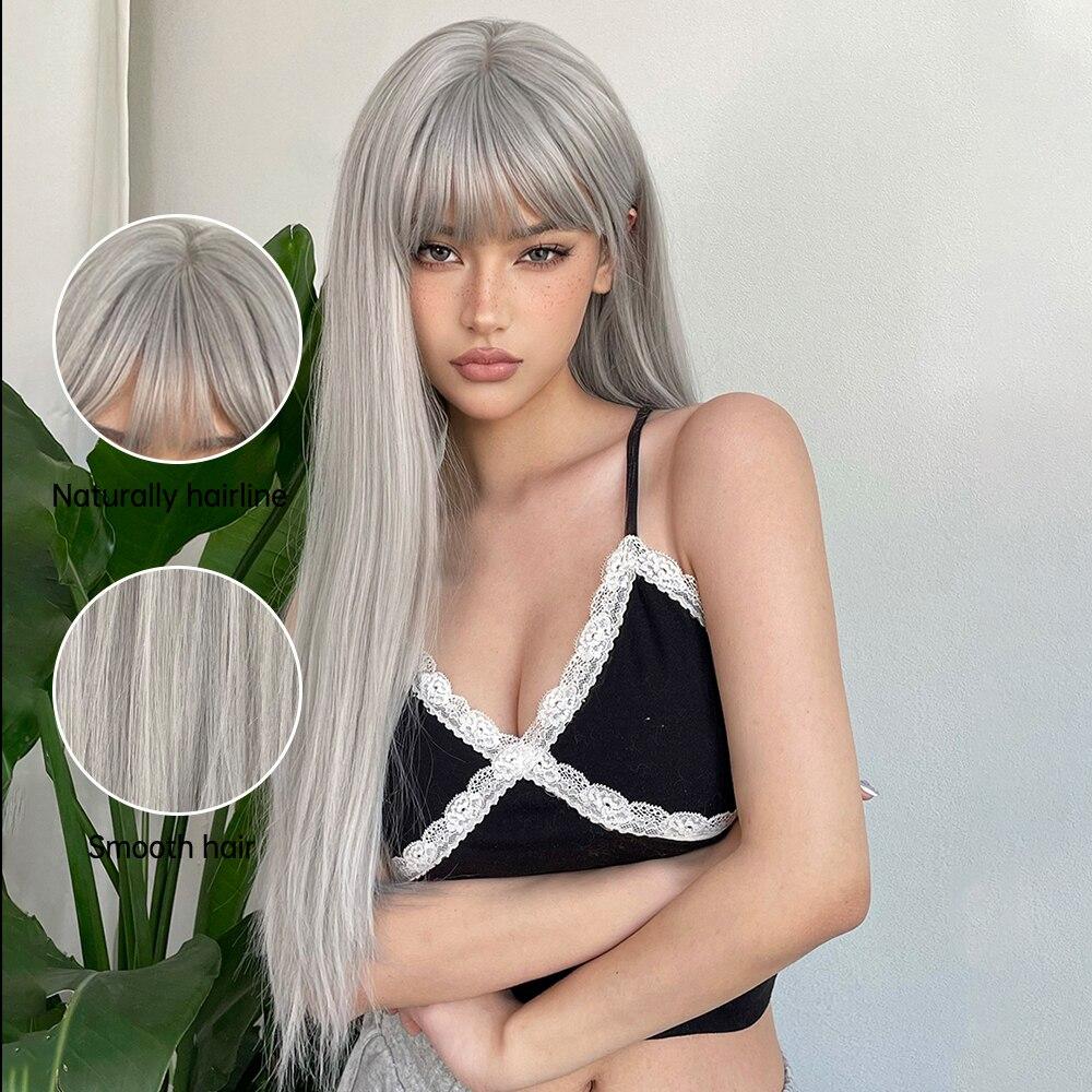 HAIRCUBE Серебристо-серый синтетический прямой парик для женщин Длинный прямой серый парик для косплея с челкой Ежедневные термостойкие поддельные парики