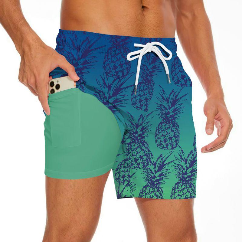 Men's Summer Double-layered Shorts Drawstring Swim Trunks Beach Printed Swim Pants with Pocket