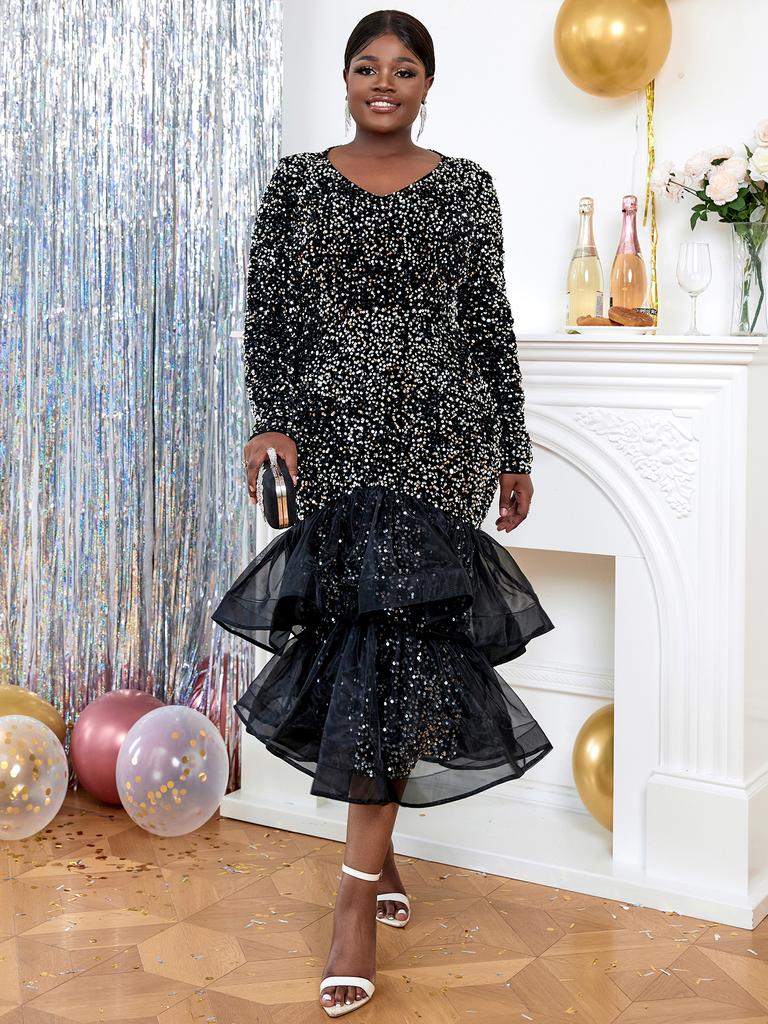 AOMEI Платья «рыбий хвост» для женщин, марлевые, пэчворк, V-образный вырез, длинные рукава, пакет, бедра, блестки, сексуальный запах, клуб, вечерние, модные платья для вечеринок