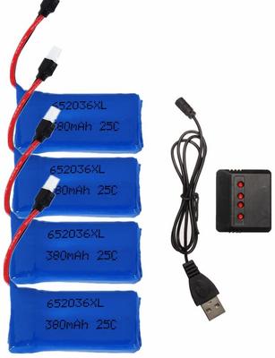 Набор из 4 LiPo аккумуляторов 25C 3,7 В 380 мАч с USB-зарядным устройством | Совместим с HUBSAN X4, H107, V252 | Синий, 38x20x8 мм