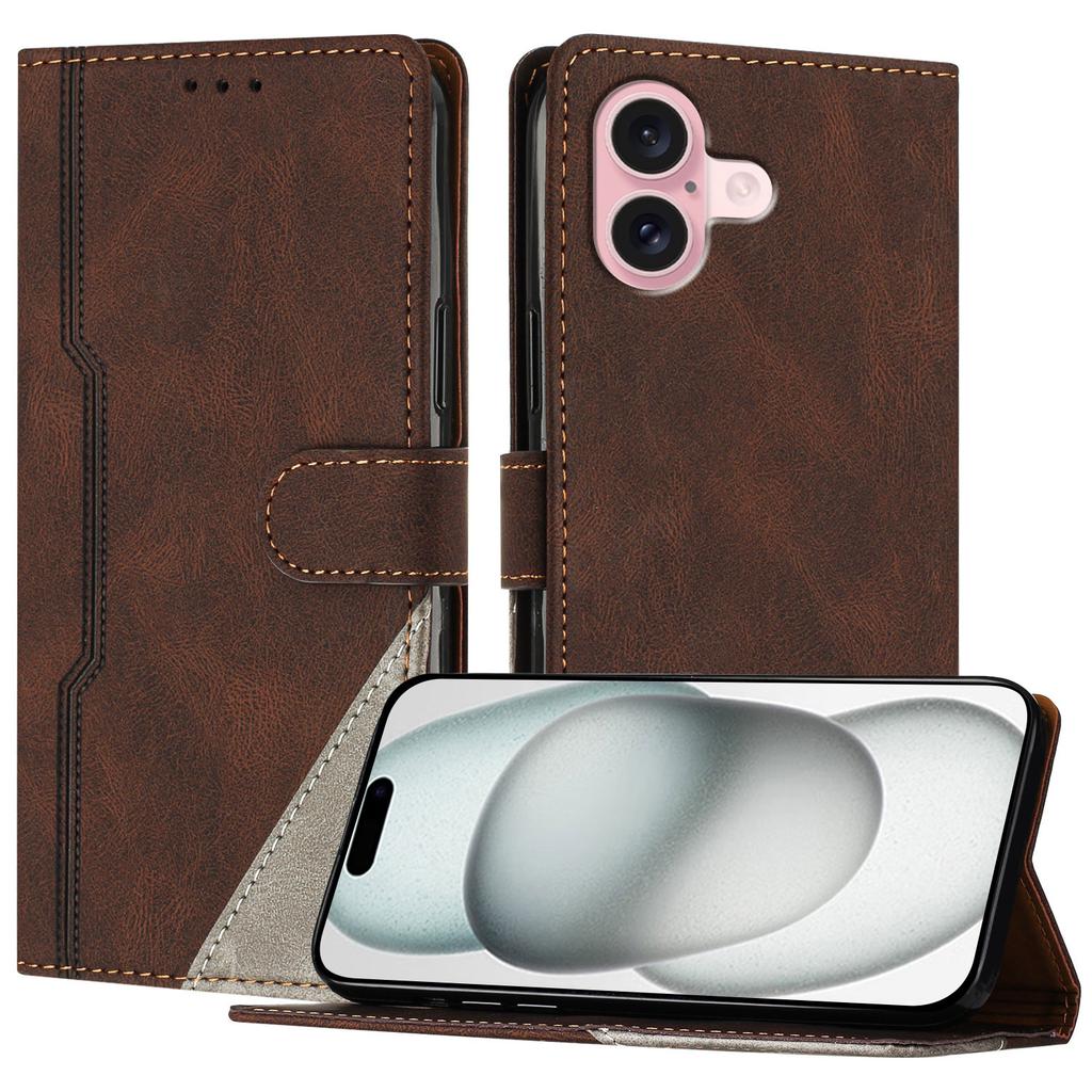 Для iPhone 16 Кожаный чехол Треугольная лоскутная работа Кошелек Подставка Противоударный чехол для телефона